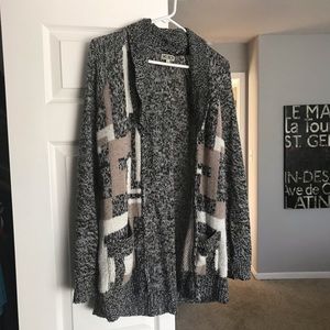 Long, cozy gray, white and tan cardigan
